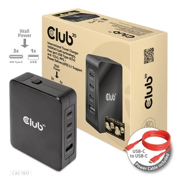 Club 3D Hálózati Töltő - CAC-1917 (140W GaN, 3x USB-C, 1x USB-A, PD3.1, 4 csatlakozó)