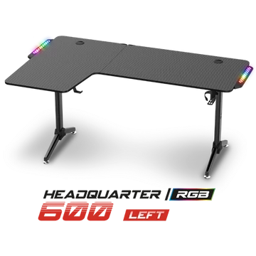 Spirit of Gamer Gamer Asztal - Headquarter 600 L (MDF lap, fém lábak, fekete, RGB LED háttérvilágítás, 140 x 60 x 75cm)