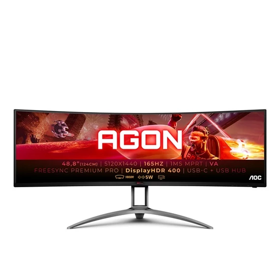AOC Ívelt Gaming 165Hz monitor 48,8" AG493UCX2, 5120x1440 32:9, 400cd/m2, 1ms, HDMIx3/DisplayPort/USBx3