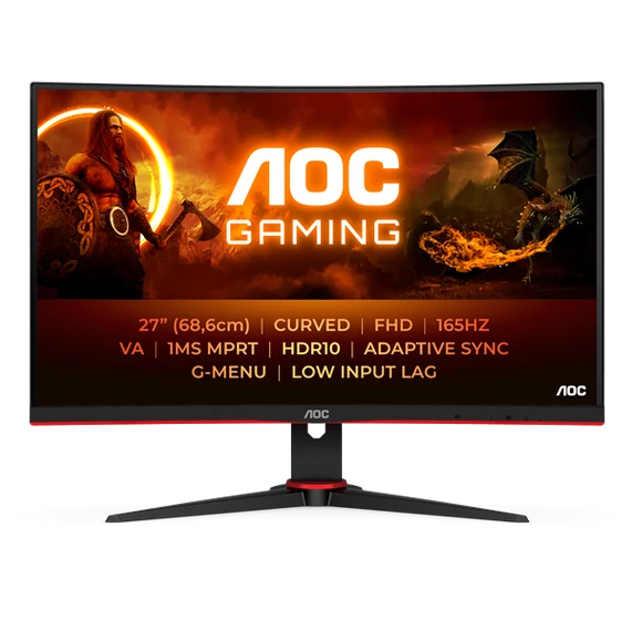 AOC Ívelt Gaming 165Hz VA monitor 27" C27G2E/BK, 1920x1080, 16:9, 250cd/m2, 1ms, 2xHDMI/DisplayPort/VGA
