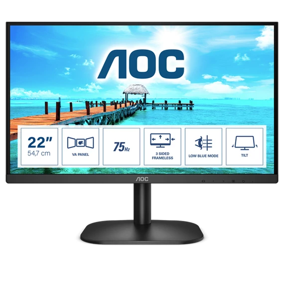 AOC VA monitor 21.5" 22B2H, 1920x1080, 16:9, 250cd/m2, 4ms, VGA/HDMI