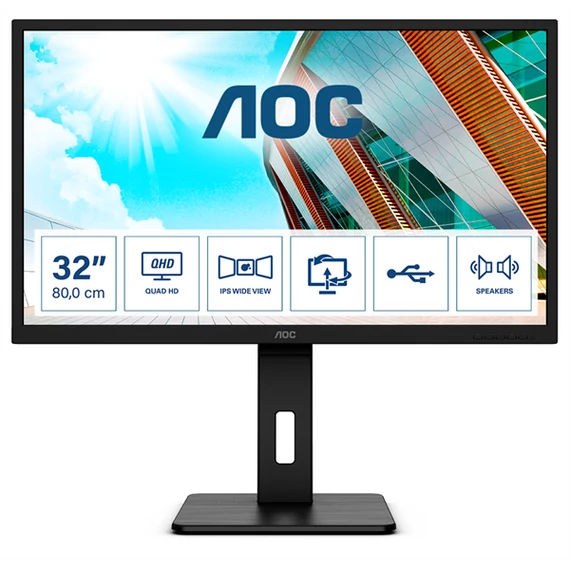 AOC monitor 31.5" Q32P2, 2560x1440, 16:9, 250cd/m2, 4ms, 2xHDMI/DisplayPort/4xUSB, Pivot, hangszóró