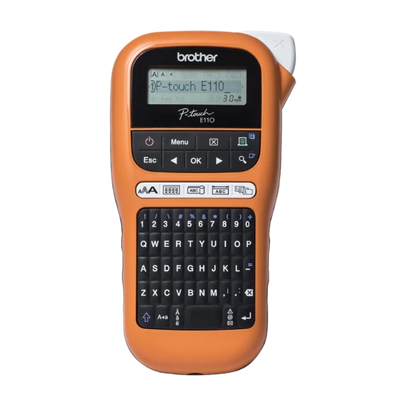 BROTHER Címkenyomtató PT-E110, ipari (kézi), 20mm/mp, QWERTY billentyűzet, TZe/HGe szalag 12mm-ig, hordtáskával