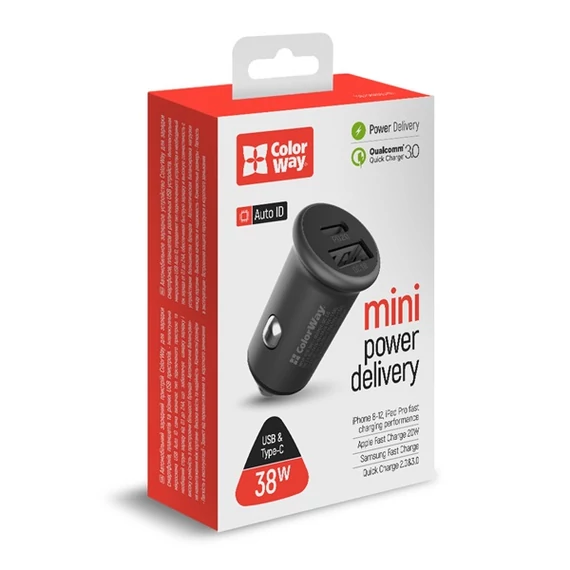 COLORWAY Autós töltő, CW-CHA029PD-GR, 2xUSB (Type-C PD20W + USB QC3.0 ) (38W) szürke