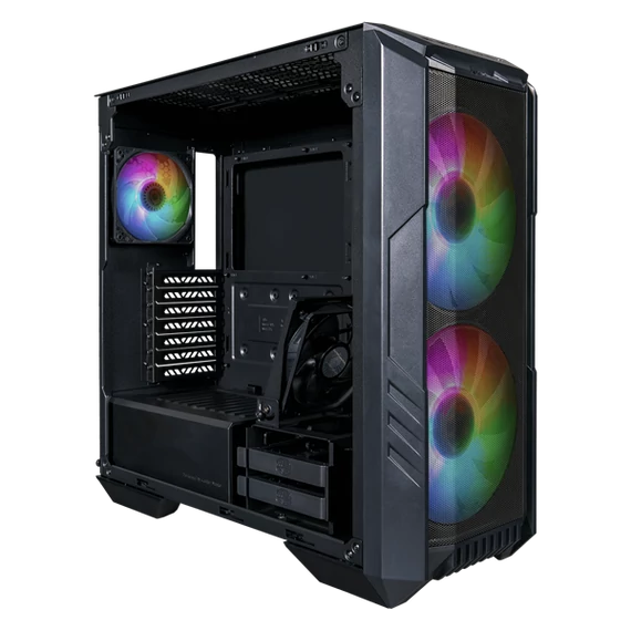 COOLER MASTER Ház Midi ATX HAF 500 ARGB + 4db Ventilátor, Tápegység nélkül, Üvegfalú, fekete