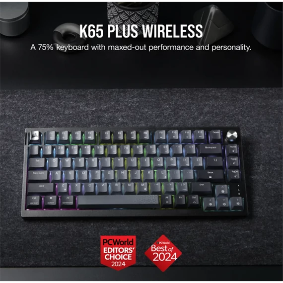 CORSAIR Vezeték Nélküli Billentyűzet Gaming, K65 PLUS 75%, Mechanikus, MLX Red switch, US, fekete