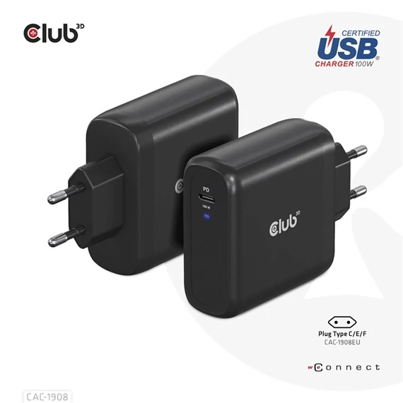 Club 3D Hálózati töltő - CAC-1908EU (100W GAN, USB-IF, egyportos USB-C, PD 3.0 támogatás)