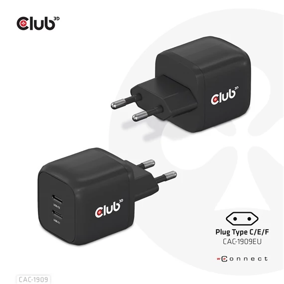 Club 3D Hálózati töltő - CAC-1909EU (45W GAN, USB-C Dual Port, PD 3.0, PPS, Kétportos)
