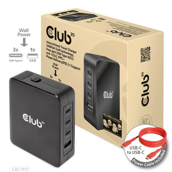 Club 3D Hálózati Töltő - CAC-1917 (140W GaN, 3x USB-C, 1x USB-A, PD3.1, 4 csatlakozó)