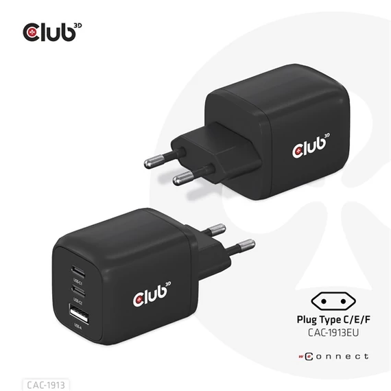 Club 3D Hálózati töltő - CAC-1913EU (65W GAN, Triple port 2xUSB-C 1xUSB-A PD 3.0)