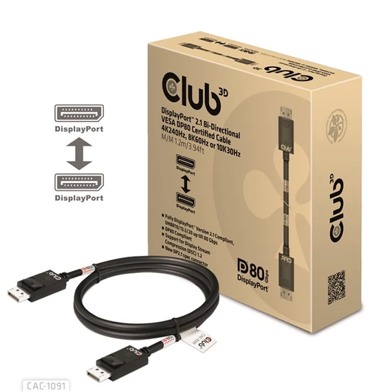 Club 3D Kábel - CAC-1091 (DisplayPort 2.1,  DP80, 4K240Hz, 1.2m, Bidirectional, M/M)