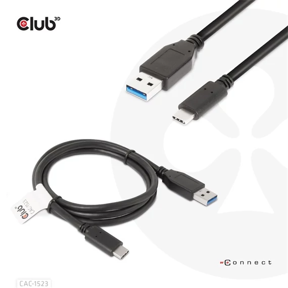 Club 3D Kábel - CAC-1523 (3.1 USB-C Gen 2 to 3.1 USB-A Gen 2, 10Gbps, 60W PD2.0, 1m, Bidirectional, 4K60Hz)