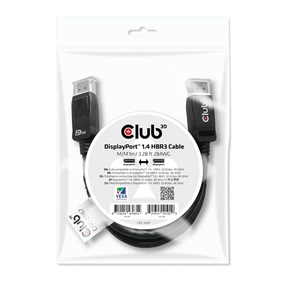 Club 3D Kábel - CAC-2067 (DisplayPort 1.4, HBR3, 8K60Hz, 1m, M/M, VESA minősítés)