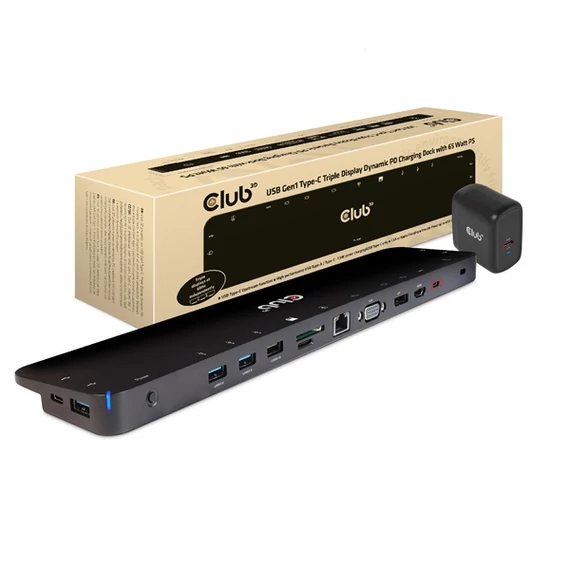 Club 3D Notebook Dokkoló - CSV-1564W65 (65W, 3.2 USB-C to 2xUSB-C, 5x USB-A,HDMI, PD, VGA, RJ45, SD, Micro SD, 3,5 Jack)