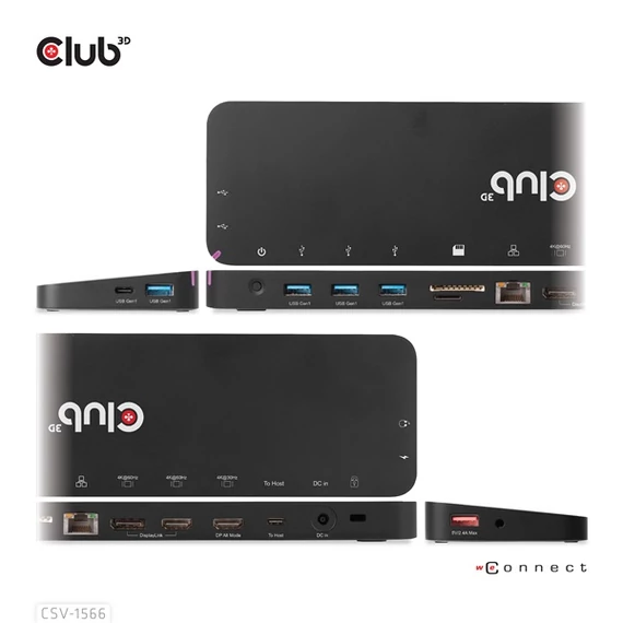 Club 3D Notebook Dokkoló - CSV-1566 (120W, USB-C to 5x USB-A Gen 1, USB-C  Gen 1, 2xHDMI, DP, RJ45, SD.TF. 3,5 Jack, DC)