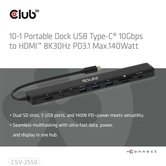 Club 3D USB Hub - CSV-2550 (USB-C to 3xUSB-C, 3xUSB-A, RJ45, SD/MicroSD, 140W PD, HDMI, 8K30hz)