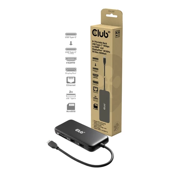 Club 3D USB Hub - CSV-2551 (USB-C to USB-C, 2xUSB-A, RJ45, SD/MicroSD, 100W PD, HDMI, DP, 8K30hz)