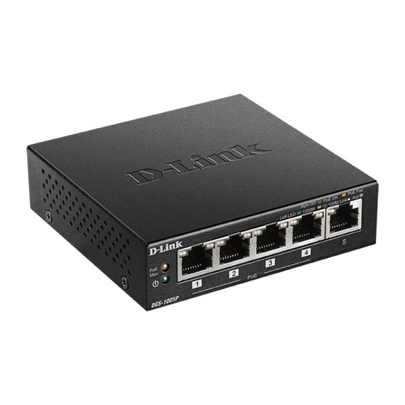 D-LINK Switch 5x1000Mbps (4xPOE+) Fémházas Asztali, DGS-1005P/E