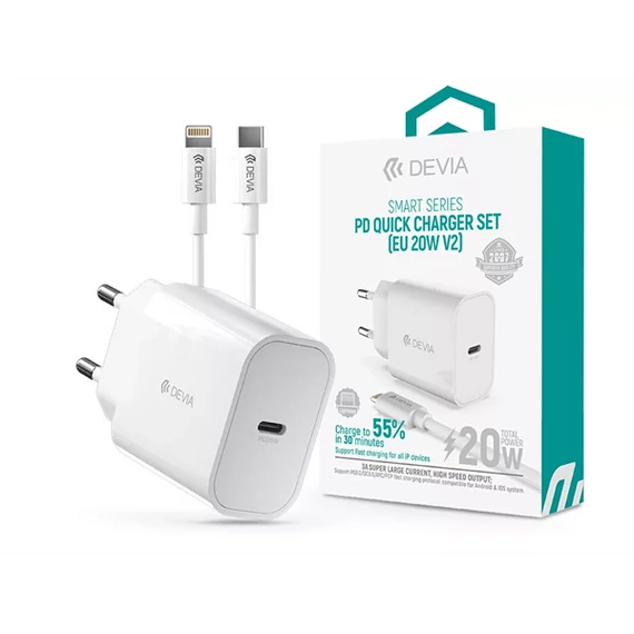 DEVIA ST383847 HÁLÓZATI TÖLTŐ ADAPTER TYPE-C BEMENETTEL + TYPE-C - LIGHTNING KÁBEL - 20W - FEHÉR