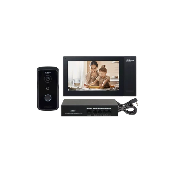 Dahua IP video kaputelefon szett - KTP02 (VTO2111D-P-S2 + VTH2421FB-P + PFS3005-4ET-36)
