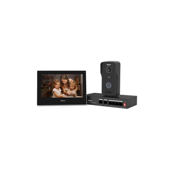 Dahua IP video kaputelefon szett - KTP03 (VTO2111D-P-S3 + VTH2621G-P + PFS3006-4ET-36)