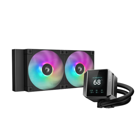 DeepCool CPU Water Cooler - MYSTIQUE 240 ARGB (max 21dB; max. 123,09 m3/h; 2x12cm, LED kijelző, fekete)