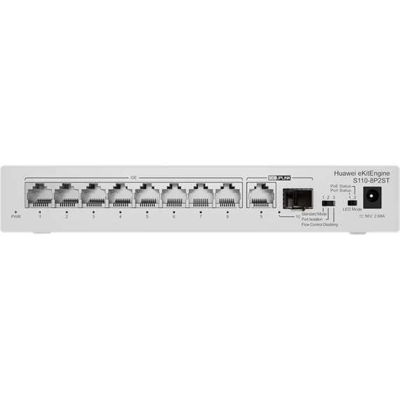 Huawei eKit Switch 8x1000Mbps (124W POE+) + 1x1000Mbps Uplink + 1x1GE (SFP), Nem menedzselhető, Asztali - S110-8P2ST