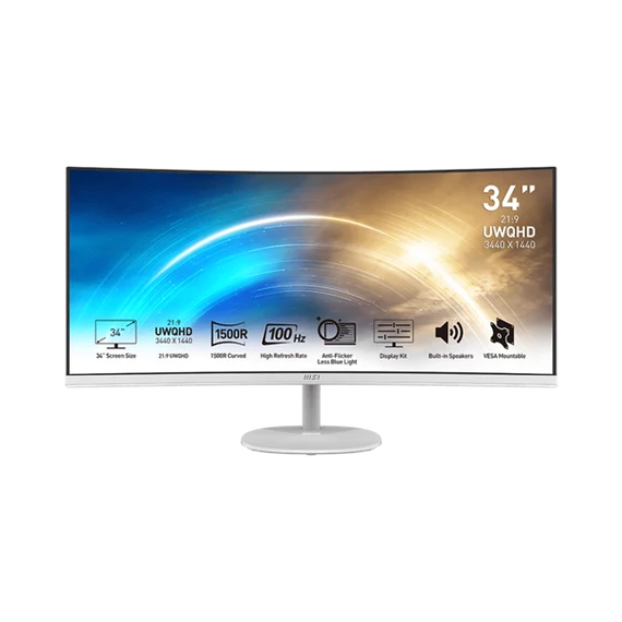 MSI Monitor Business PRO MP341CQW Ívelt 34" QHD, 3440x1440, 100Hz VA 21:9, 3000:1 CR, 300cd/m2, 4 ms, HDMI, DP, White