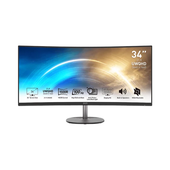 MSI Monitor Business PRO MP341CQ Ívelt 34" QHD, 3440x1440, 100Hz VA 21:9, 3000:1 CR, 300cd/m2, 4 ms, HDMI, DP, Black