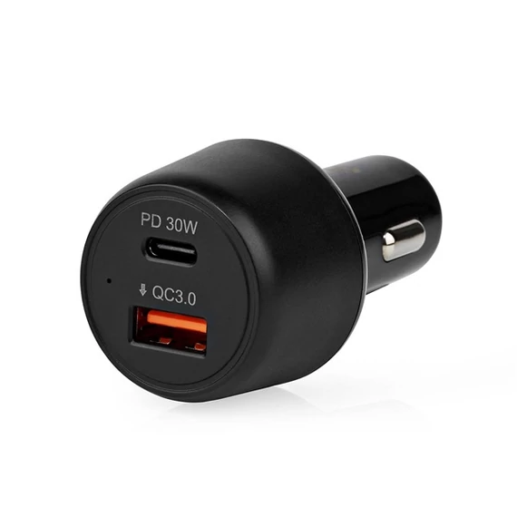 Nedis CCPD30W100BK szivargyújtós töltö / táp, 48W, 2x 3A, USB-A / USB-C, bemenet 12V / 24V