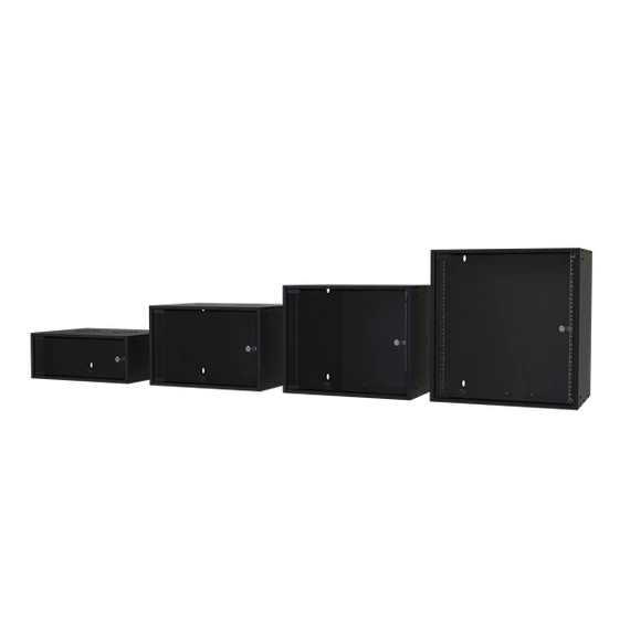 S-Link Rackszekrény - 12U 19" fali kivitel (600x530x400mm, ablakos, Flatpack, Fekete)