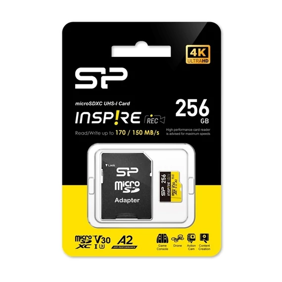 Silicon Power MicroSD kártya - 256GB microSDXC UHS-I U3, 3D TLC NAND (170/150 MB/s A2/V30) DDR200 transfer rate