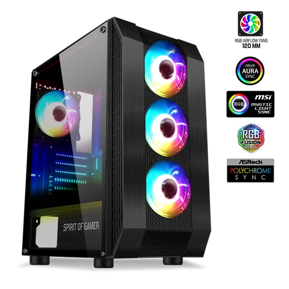 Spirit of Gamer Számítógépház - Rogue VI RGB (fekete, ablakos, 4x12cm ventilátor, alsó táp,  ATX, 1xUSB3.0, 2xUSB2.0)
