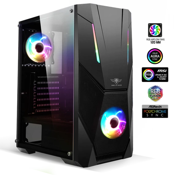 Spirit of Gamer Számítógépház - Rogue V RGB (fekete, ablakos, 2x12cm ventilátor, alsó táp,  ATX, 1xUSB3.0, 2xUSB2.0)
