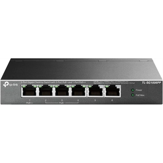 TP-LINK Switch 6x1000Mbps(3xPOE+ + 1xPOE++) Fémházas Asztali, TL-SG1006PP
