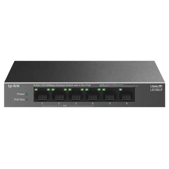 TP-LINK Switch 6x100Mbps (4xPOE) Fémházas Asztali, LS106LP