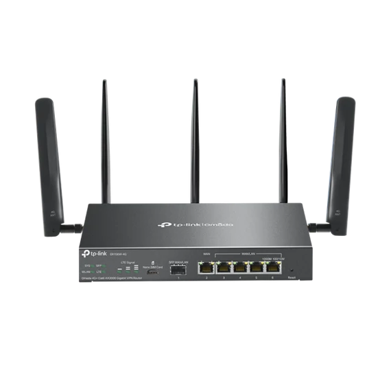 TP-LINK Vezetékes Omada AX3000 VPN Router 1xWAN(1000Mbps) + 4xLAN(1000Mbps) + 1xSFP + 1xSIM, ER706W-4G