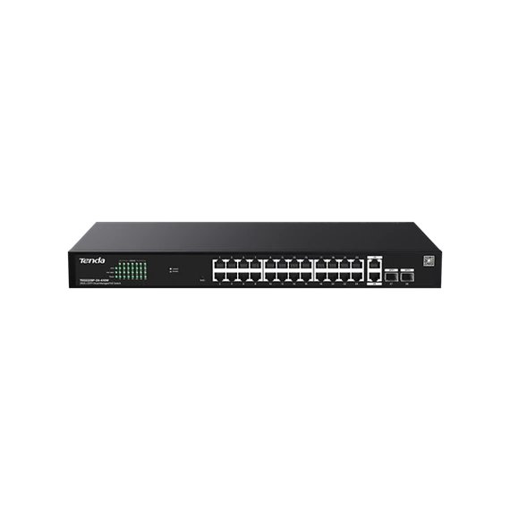 Tenda Switch Menedzselhető PoE - TEG2228P-24-410W (24x1Gbps + 2x1Gbps Uplink + 2xSFP;  24af/at PoE+ port; 410W; rack)