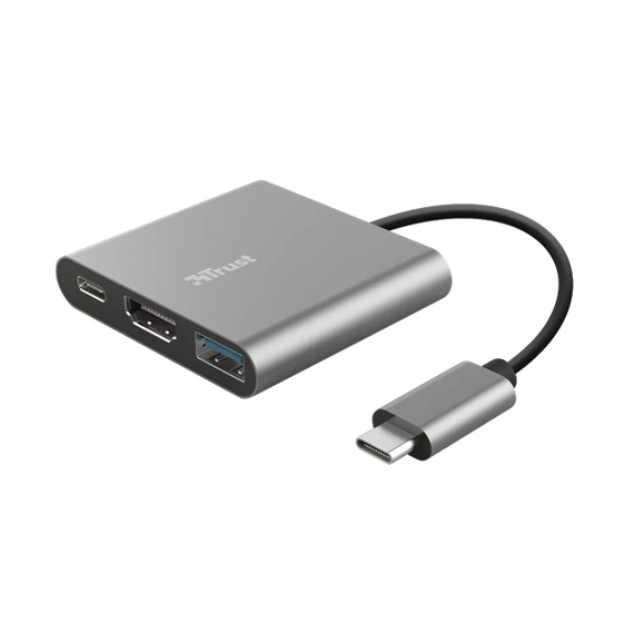 Trust Kábel Átalakító - Dalyx 3in1 Multiport USB-C (szürke, aluminium, USB-C apa / HDMI+Type-C+USB3.1 anya)